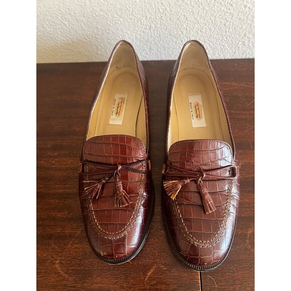 Talbots Womens Loafers Shoes Sz 7M Brown Tassel Leather Croc Embossed Italy - Picture 2 of 14